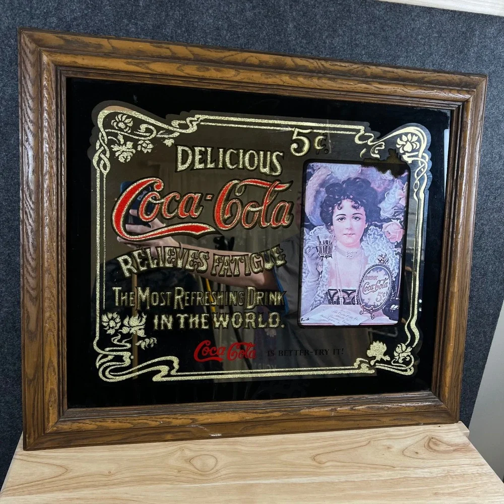 Vintage Coca-Cola Advertising Mirror Wood Frame Relieves Fatigue Victorian Lady